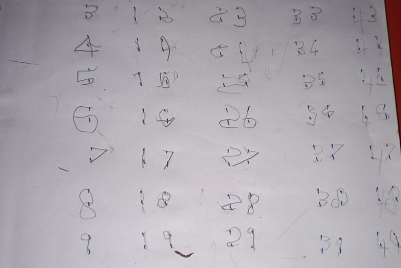 Handwritten numbers in a grid for first time
